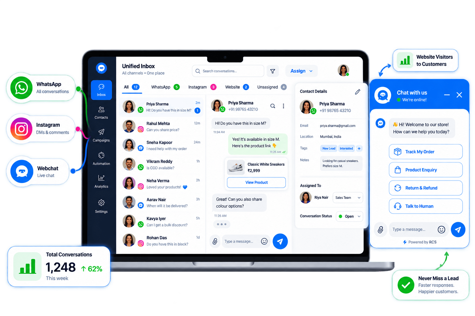 Shared Team Inbox across Webchat, WhatsApp & Instagram